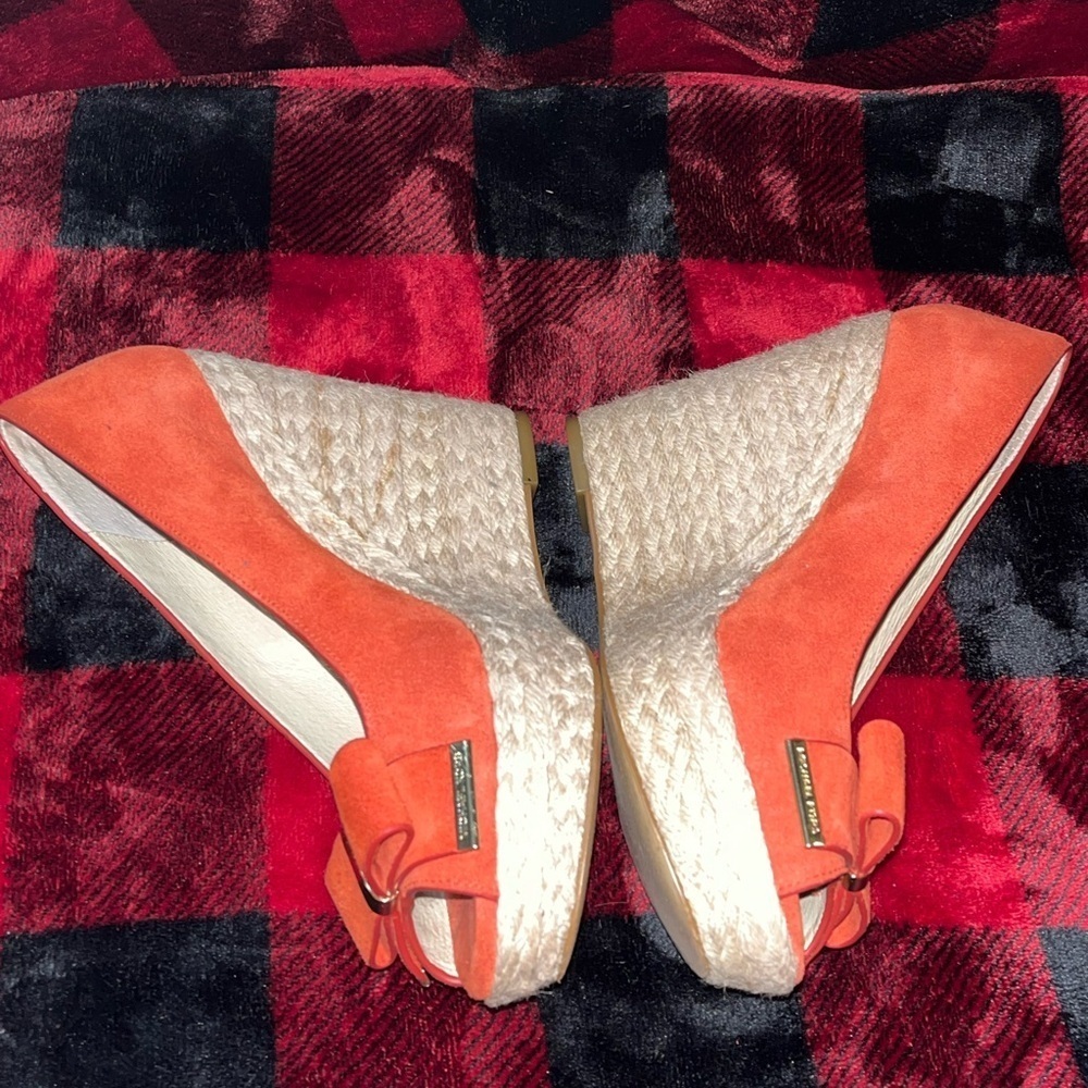 MICHAEL KORS MEG 7M Wedges SUEDE Heels ORANGE Open Toes Peep Platforms Shoes - Picture 14 of 15